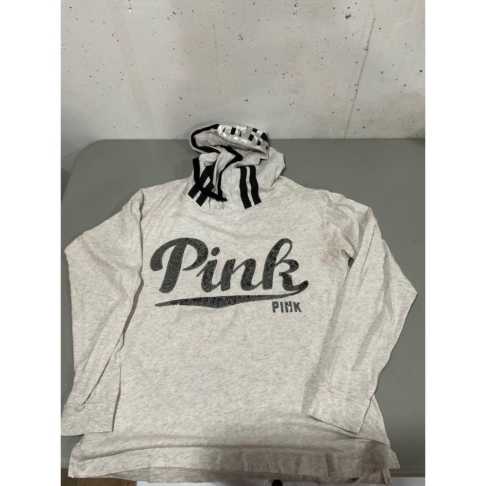 Victorias Secret‎ PINK Gray Rhinestone Logo Hooded Long Sleeve T-Shirt Pullover